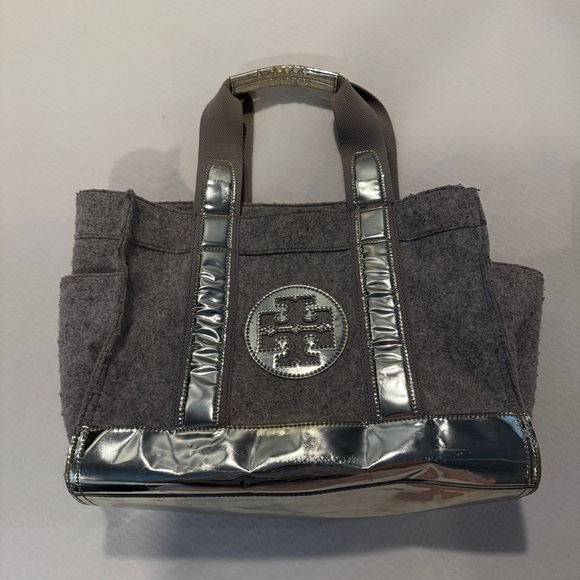 Tory Burch Handbags - Tory Burch Grey & Silver Felt Bag. GUC. Green Liner. Tear In Liner. Needs Love!